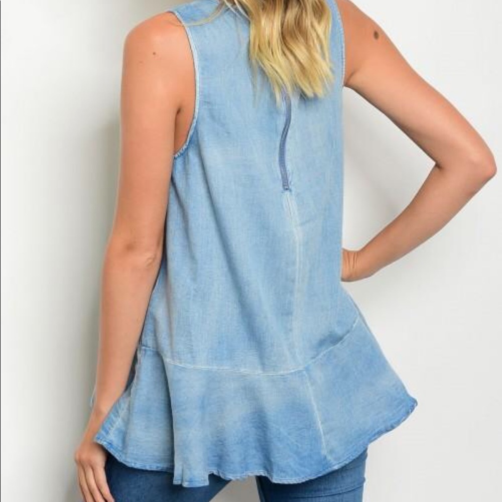 Denim Ruffle Hem Tank Top Zip Back - Picture 4 of 8